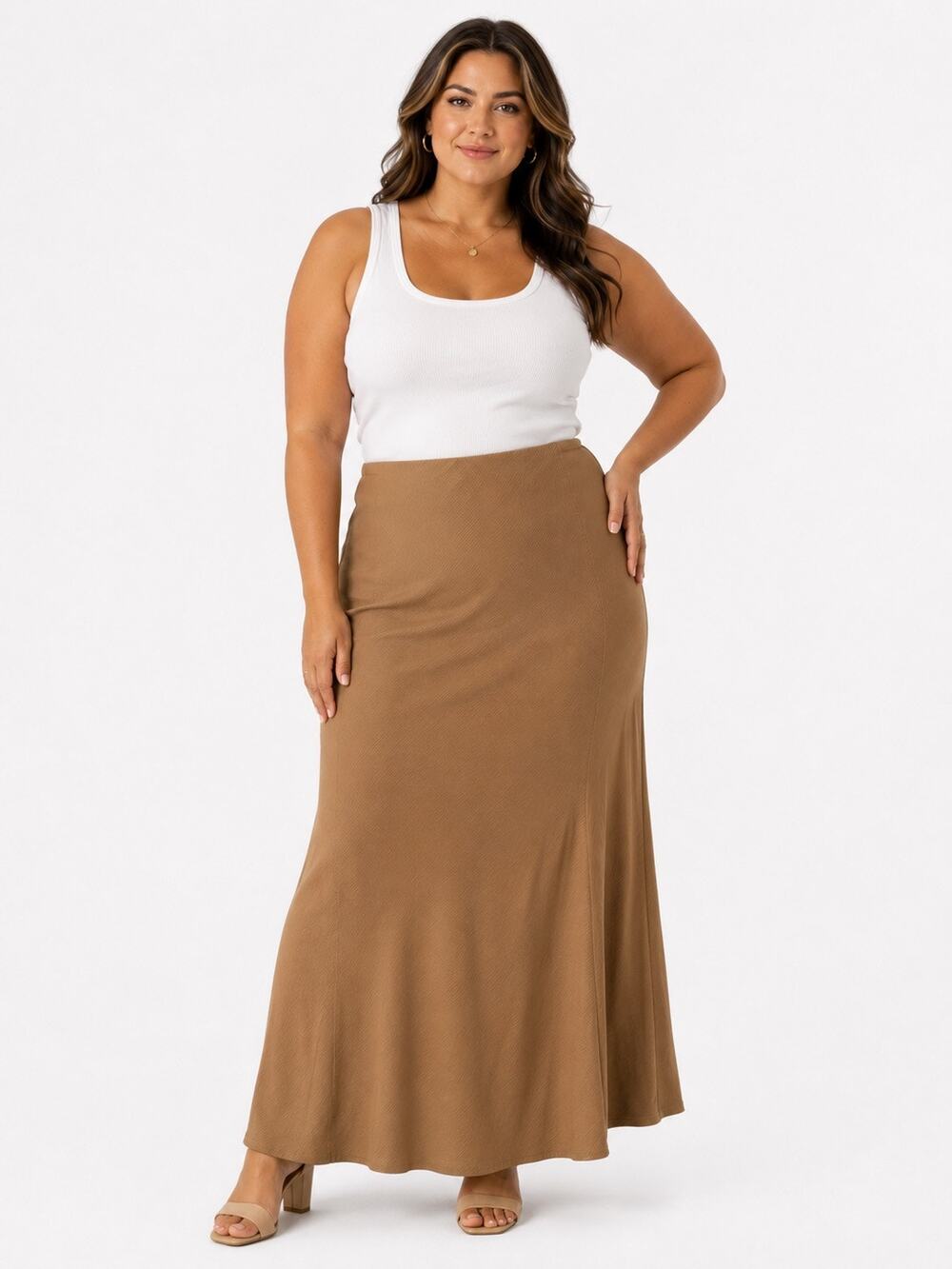Dialogue Tan Diagonal Pinstripe Elastic Waist Maxi Skirt